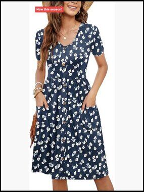 Women's Short Sleeve V Neck Button Down Summer Dress with Pockets